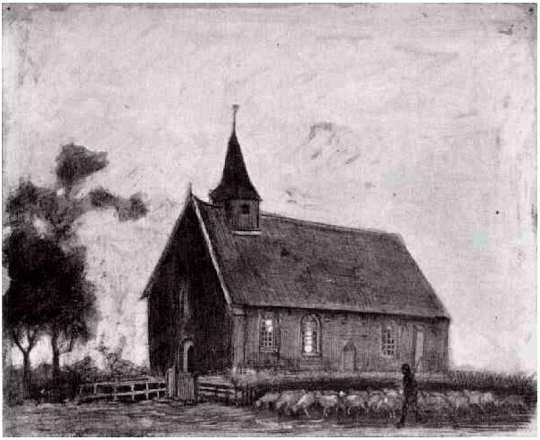 Vincent van Gogh Shepherd with Flock near a Little Church at Zweeloo Drawing Vincent van Gogh's Shepherd with Flock near a Little Church at Zweeloo Drawing