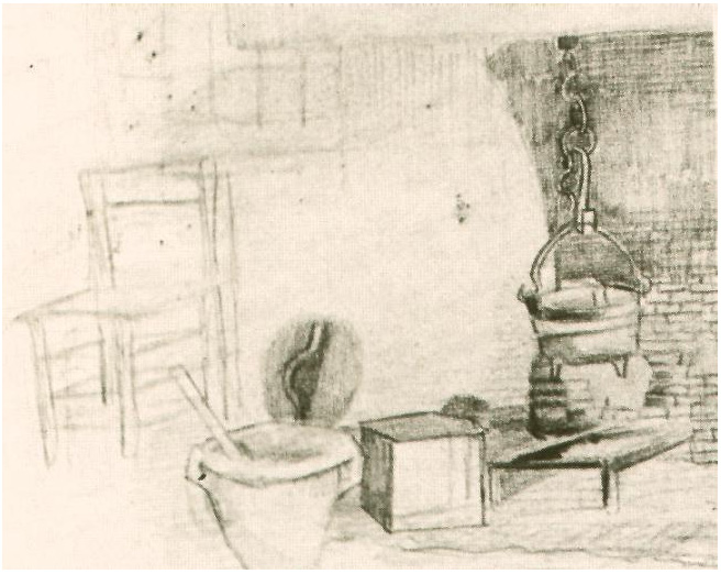 Vincent van Gogh Bosquejo incompleto de un interior con una cacerola sobre el fuego Drawing Vincent van Gogh's Bosquejo incompleto de un interior con una cacerola sobre el fuego Drawing