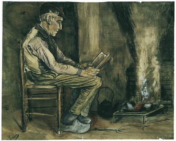 Vincent van Gogh Granjero sentando al hogar, leyendo Watercolor Vincent van Gogh's Granjero sentando al hogar, leyendo Watercolor