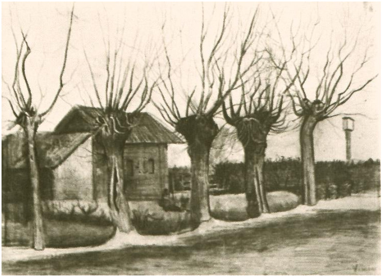 Vincent van Gogh Casita en una carretera con sauces podados Drawing Vincent van Gogh's Casita en una carretera con sauces podados Drawing