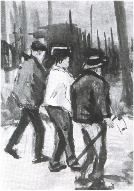 Vincent van Gogh Tres leñadores caminando Watercolor Vincent van Gogh's Tres leñadores caminando Watercolor