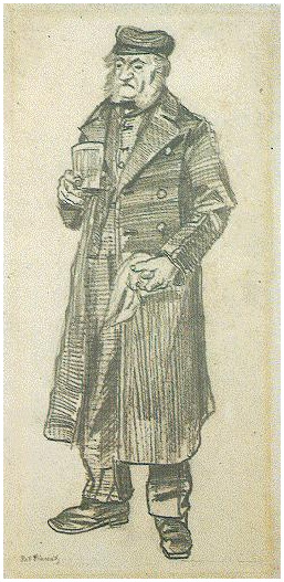 Vincent van Gogh Hombre huérfano con largo abrigo, vaso y pañuelo Drawing Vincent van Gogh's Hombre huérfano con largo abrigo, vaso y pañuelo Drawing
