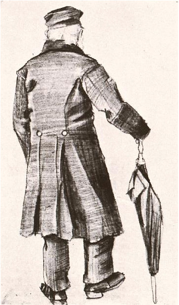 Vincent van Gogh Hombre huérfano con abrigo largo y paraguas, Visto desde atrás Drawing Vincent van Gogh's Hombre huérfano con abrigo largo y paraguas, Visto desde atrás Drawing