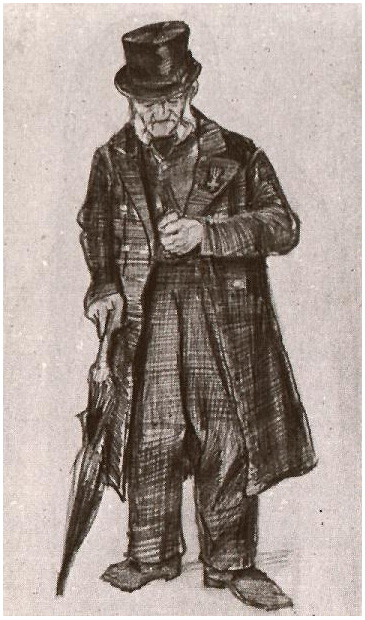 Vincent van Gogh Hombre huérfano con galera y paraguas mirando a su reloj Drawing Vincent van Gogh's Hombre huérfano con galera y paraguas mirando a su reloj Drawing