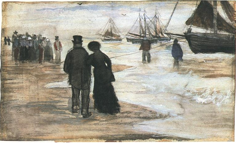 Vincent van Gogh Playa con personas caminando y barcos Watercolor Vincent van Gogh's Playa con personas caminando y barcos Watercolor