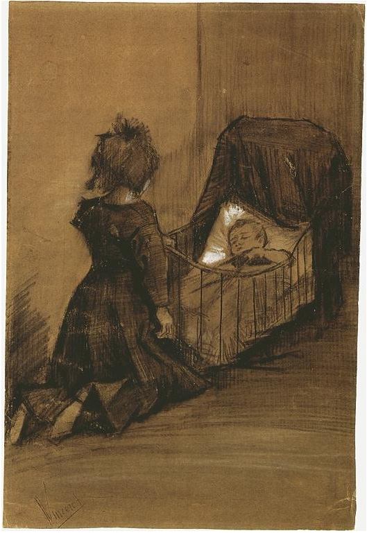 Vincent van Gogh's Niña arrodillada junto a una cuna Drawing