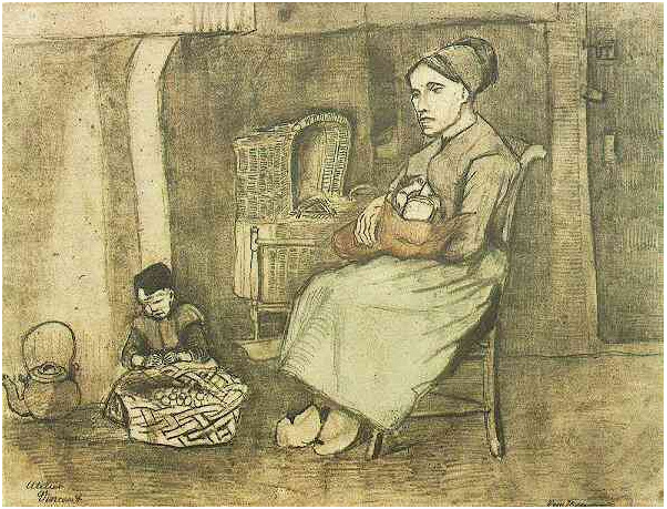 Vincent van Gogh Madre junto a la cuna y niño sentado en el suelo Watercolor Vincent van Gogh's Madre junto a la cuna y niño sentado en el suelo Watercolor