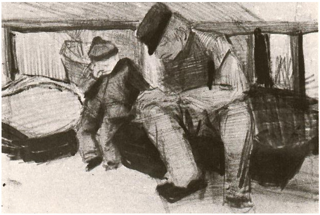 Vincent van Gogh Hombre y chico sentados bajo de un techo Drawing Vincent van Gogh's Hombre y chico sentados bajo de un techo Drawing