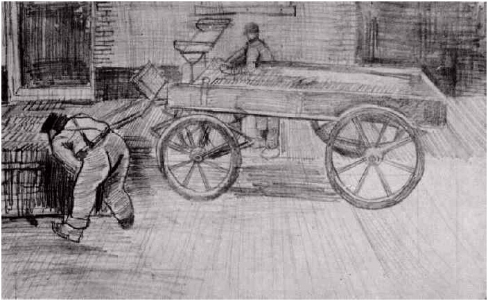 Vincent van Gogh Dos hombres con un carro de cuatro ruedas Drawing Vincent van Gogh's Dos hombres con un carro de cuatro ruedas Drawing