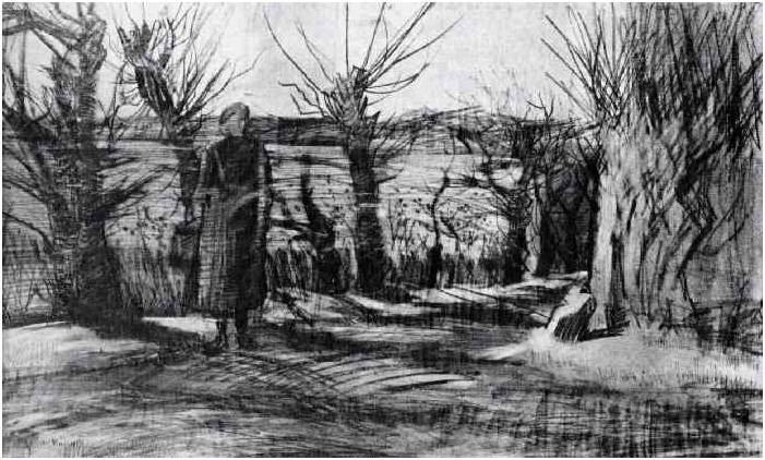 Vincent van Gogh Mujer en un camino con sauces podados Drawing Vincent van Gogh's Mujer en un camino con sauces podados Drawing