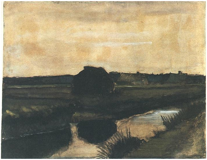 Vincent van Gogh Landscape with a Stack of Peat and Farmhouses Watercolor Vincent van Gogh's Landscape with a Stack of Peat and Farmhouses Watercolor