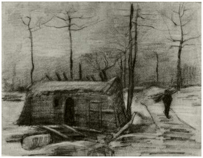 Vincent van Gogh Paisaje invernal con choza y recolector de madera Drawing Vincent van Gogh's Paisaje invernal con choza y recolector de madera Drawing