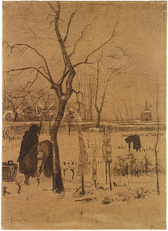 Vincent van Gogh Jardín de la casa parroquial en la nieve con tres figuras Drawing Vincent van Gogh's Jardín de la casa parroquial en la nieve con tres figuras Drawing