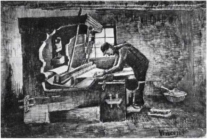 Tejedor De Pie Delante De Un Telar De Vincent Van Gogh 1709 Dibujos Pluma Lápiz Intensificado Con Blanco