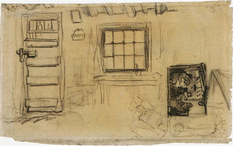 Vincent van Gogh Estudios del interior de una casita de campo, y un bosquejo de Los comedores de papas Drawing Vincent van Gogh's Estudios del interior de una casita de campo, y un bosquejo de Los comedores de papas Drawing