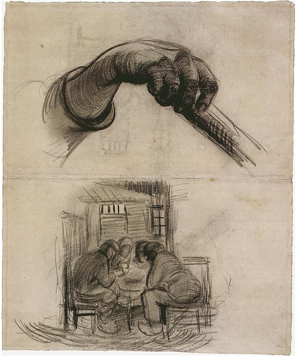 Vincent van Gogh Hand with a Stick, and Four People Sharing a Meal Drawing Vincent van Gogh's Hand with a Stick, and Four People Sharing a Meal Drawing