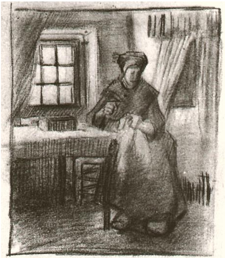 Vincent van Gogh Interior with Peasant Woman Sewing Drawing Vincent van Gogh's Interior with Peasant Woman Sewing Drawing