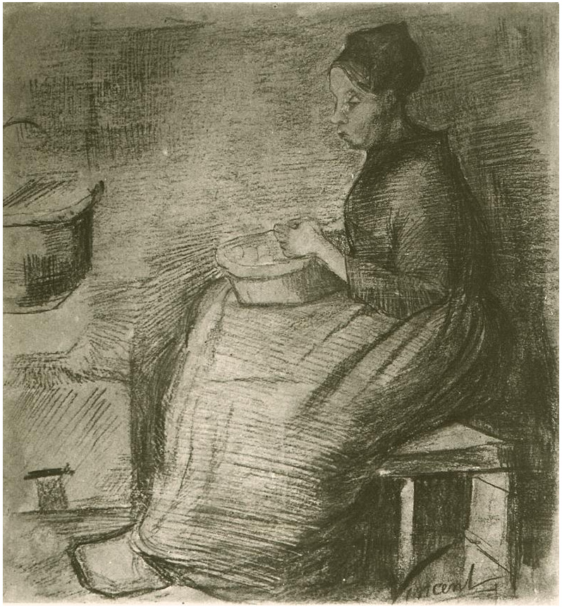 Vincent van Gogh's Woman, Sitting by the Fire, Peeling Potatoes Drawing
