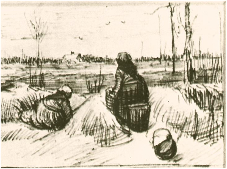 Vincent van Gogh Dos mujeres campesinas trabajando en un campo Drawing Vincent van Gogh's Dos mujeres campesinas trabajando en un campo Drawing