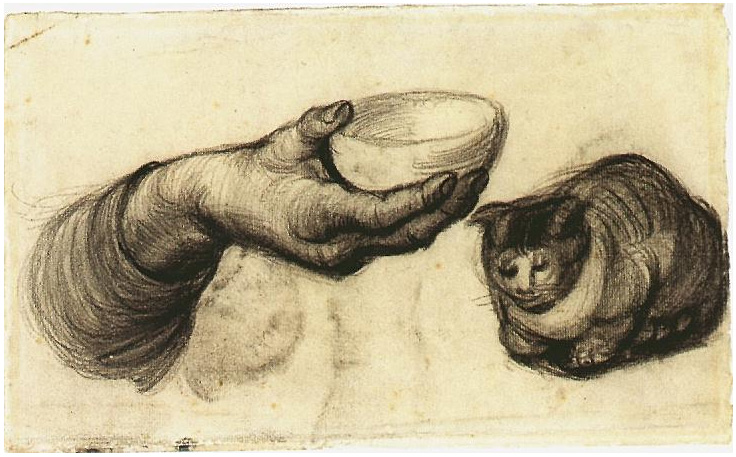 Vincent van Gogh Mano con tazón y un gato Drawing Vincent van Gogh's Mano con tazón y un gato Drawing