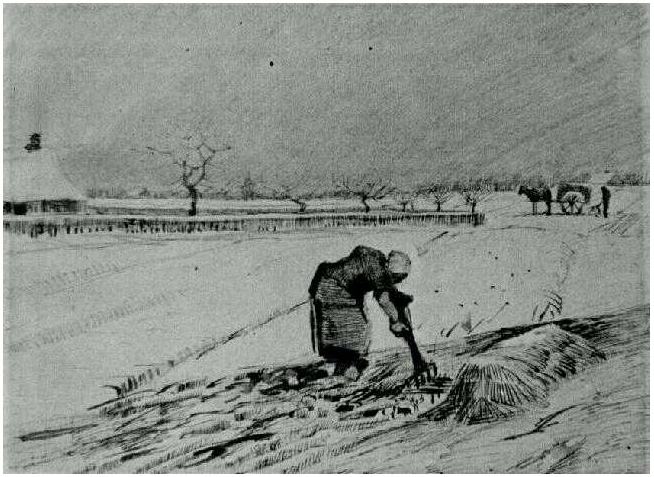 Vincent van Gogh Paisaje nevado con mujer encorvada Drawing Vincent van Gogh's Paisaje nevado con mujer encorvada Drawing