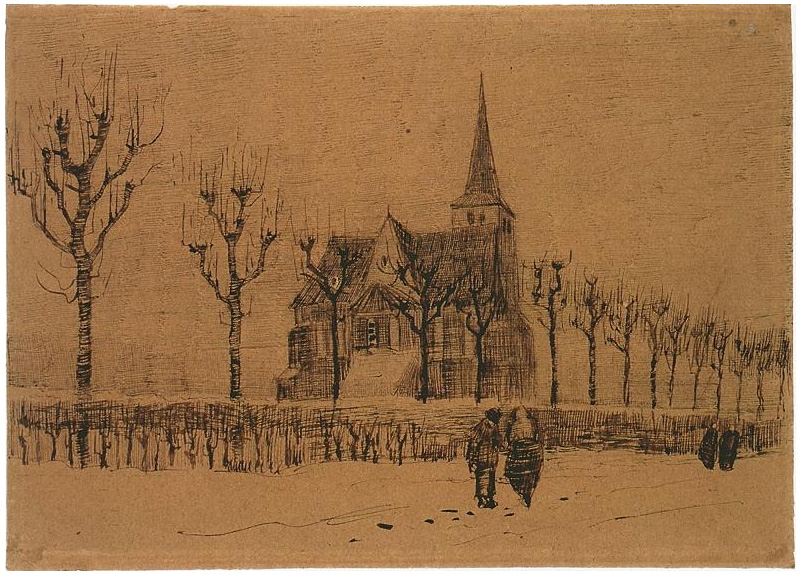 Vincent van Gogh Paisaje con una iglesia Drawing Vincent van Gogh's Paisaje con una iglesia Drawing