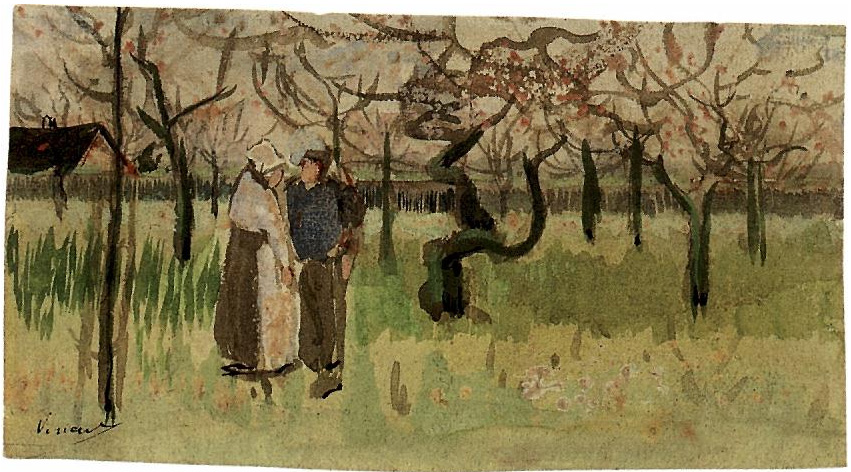 Vincent van Gogh Huerto en flor con dos figuras: Primavera Watercolor Vincent van Gogh's Huerto en flor con dos figuras: Primavera Watercolor