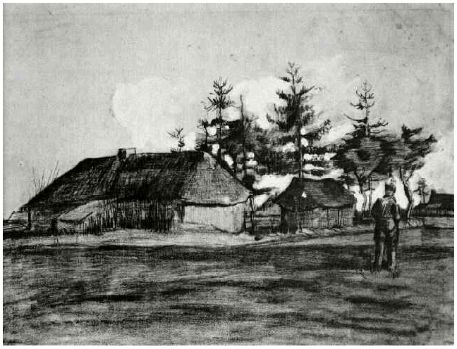 Vincent van Gogh Granja con granero y árboles Drawing Vincent van Gogh's Granja con granero y árboles Drawing
