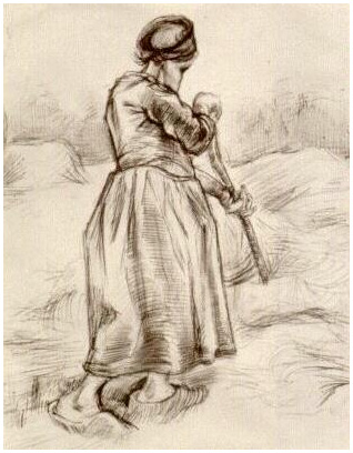 Vincent van Gogh Mujer campesina, lanzando heno, vista desde atrás Drawing Vincent van Gogh's Mujer campesina, lanzando heno, vista desde atrás Drawing