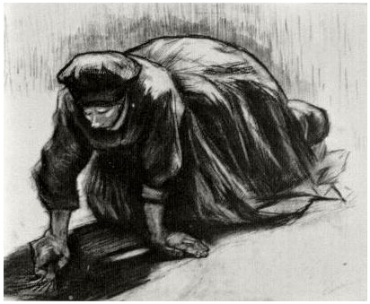 Vincent van Gogh Mujer campesina, arrodillada, posiblemente excavando zanahorias Drawing Vincent van Gogh's Mujer campesina, arrodillada, posiblemente excavando zanahorias Drawing