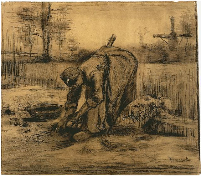 Vincent van Gogh Mujer campesina levantando papas Drawing Vincent van Gogh's Mujer campesina levantando papas Drawing