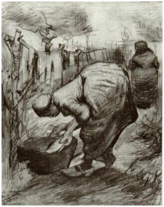 Vincent van Gogh Mujer campesina al lavabo y mujer campesina colgando la lavandería Drawing Vincent van Gogh's Mujer campesina al lavabo y mujer campesina colgando la lavandería Drawing