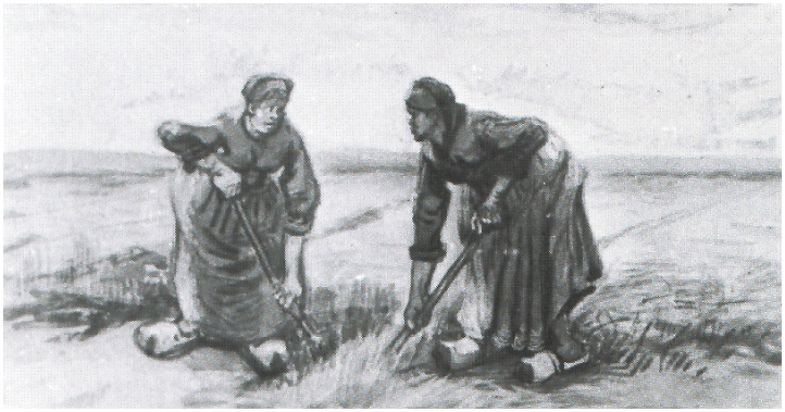 Vincent van Gogh Dos mujeres hablando la una al otra mientras otros cavan Watercolor Vincent van Gogh's Dos mujeres hablando la una al otra mientras otros cavan Watercolor