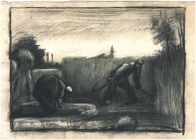 Vincent van Gogh Campo de trigo con segadora y una mujer campesina encorvada Drawing Vincent van Gogh's Campo de trigo con segadora y una mujer campesina encorvada Drawing