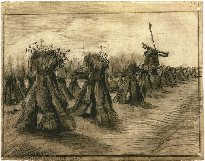 Vincent van Gogh Campo de trigo con poleas y un molino de viento Drawing Vincent van Gogh's Campo de trigo con poleas y un molino de viento Drawing