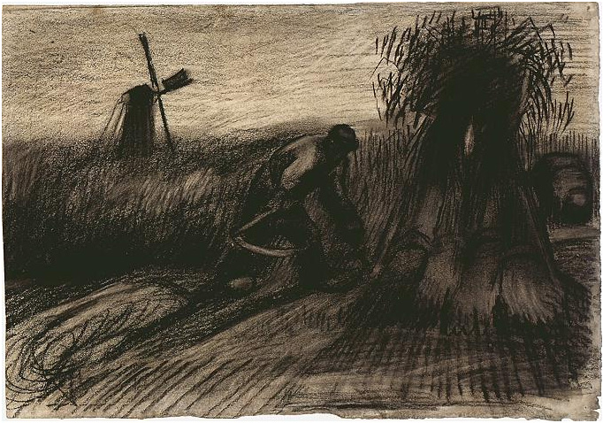 Vincent van Gogh's Wheatfield with Reaper and Peasant Woman Binding Sheaves Drawing