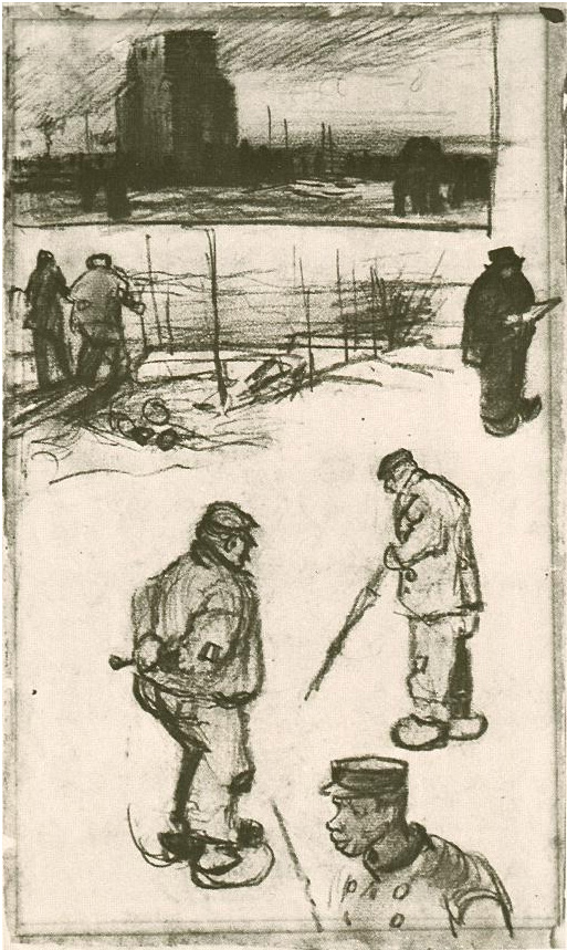 Vincent van Gogh Bosquejos de la Vieja Torre y figuras Drawing Vincent van Gogh's Bosquejos de la Vieja Torre y figuras Drawing