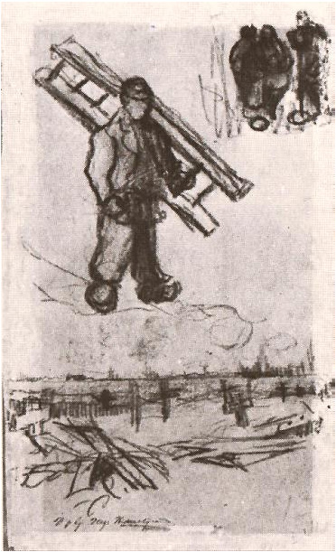Vincent van Gogh Bosquejos de un hombre con una escalera, otras figuras, y un cementerio Drawing Vincent van Gogh's Bosquejos de un hombre con una escalera, otras figuras, y un cementerio Drawing