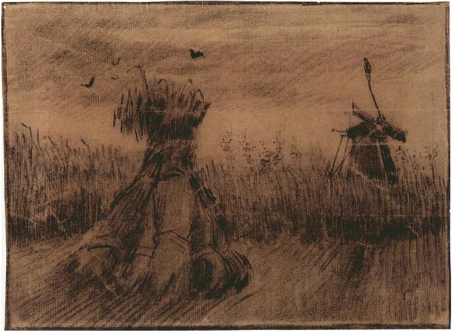 Vincent van Gogh Wheatfield with a Stook and a Mill Drawing Vincent van Gogh's Wheatfield with a Stook and a Mill Drawing