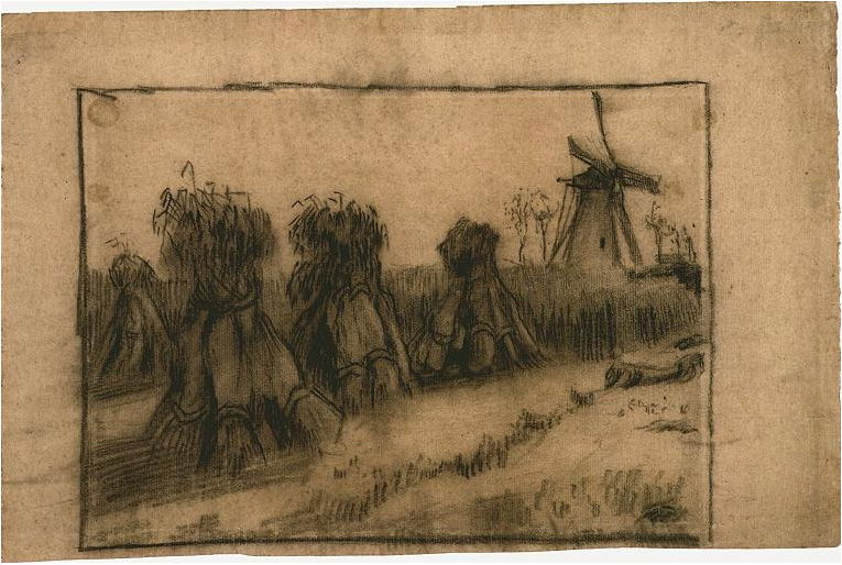 Vincent van Gogh Campo de trigo con stooks y un molino Drawing Vincent van Gogh's Campo de trigo con stooks y un molino Drawing