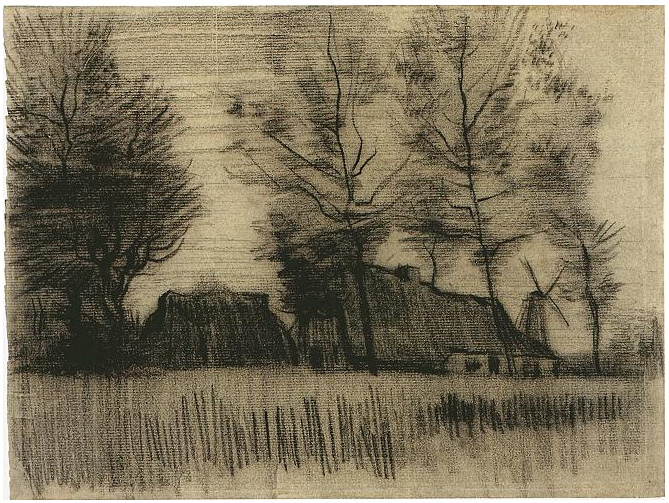 Vincent van Gogh Paisaje con casitas de campo y un molino Drawing Vincent van Gogh's Paisaje con casitas de campo y un molino Drawing