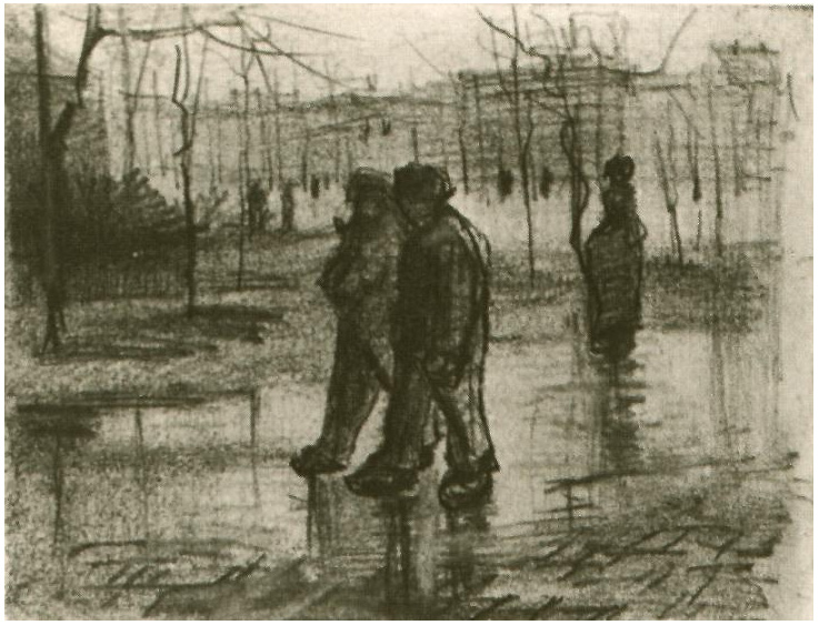 Vincent van Gogh Un jardín público con gente caminando en la lluvia, un Drawing Vincent van Gogh's Un jardín público con gente caminando en la lluvia, un Drawing