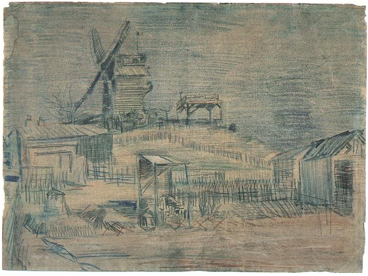 Vincent van Gogh Jardines en Montmartre y el Molino Blute-Fin Drawing Vincent van Gogh's Jardines en Montmartre y el Molino Blute-Fin Drawing