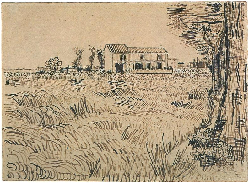Vincent van Gogh Granja con campo de trigo a lo largo de una carretera Drawing Vincent van Gogh's Granja con campo de trigo a lo largo de una carretera Drawing