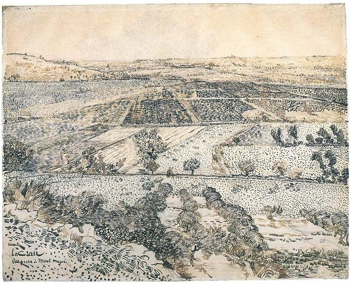 Vincent van Gogh La Crau Visto desde Montmajour Drawing Vincent van Gogh's La Crau Visto desde Montmajour Drawing