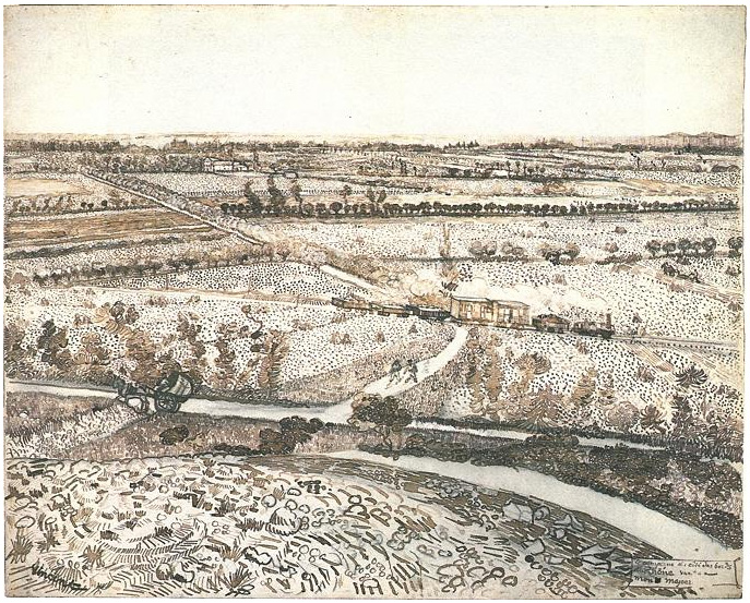 Vincent van Gogh Landscape near Montmajour with Train Drawing Vincent van Gogh's Landscape near Montmajour with Train Drawing