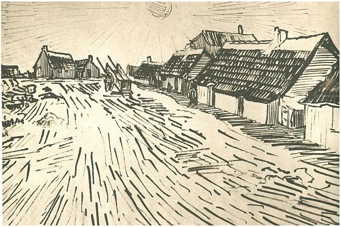 Vincent van Gogh Una fila de casitas de campo en Saintes-Maries Drawing Vincent van Gogh's Una fila de casitas de campo en Saintes-Maries Drawing