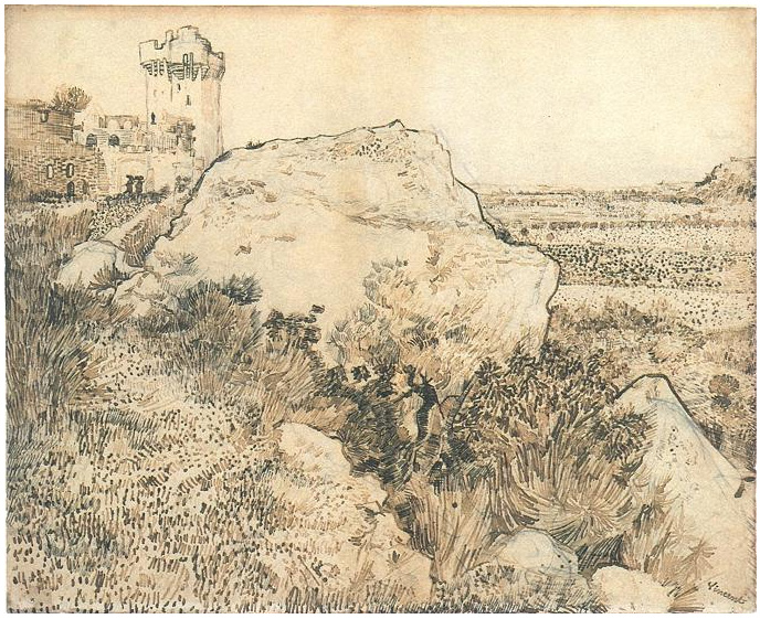 Vincent van Gogh Colina con las ruinas de Montmajour Drawing Vincent van Gogh's Colina con las ruinas de Montmajour Drawing