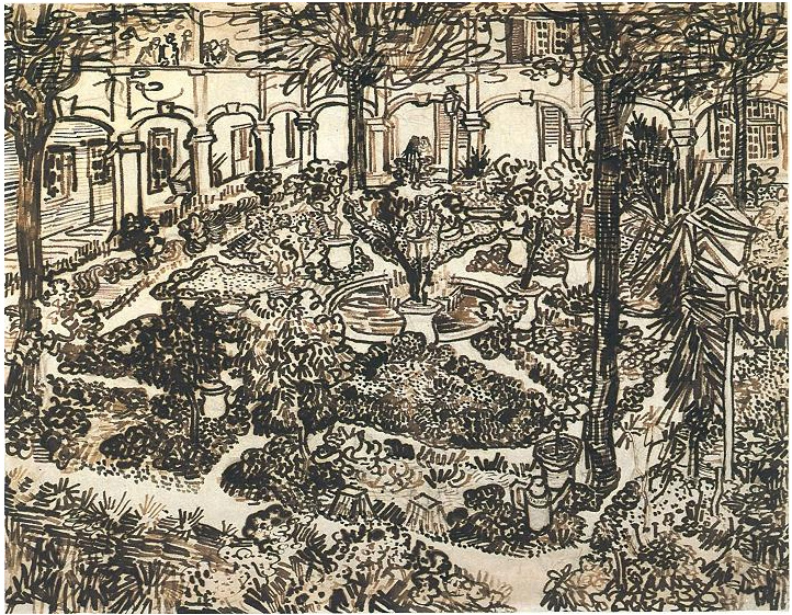 Vincent van Gogh El patio del hospital en Arles Drawing Vincent van Gogh's El patio del hospital en Arles Drawing