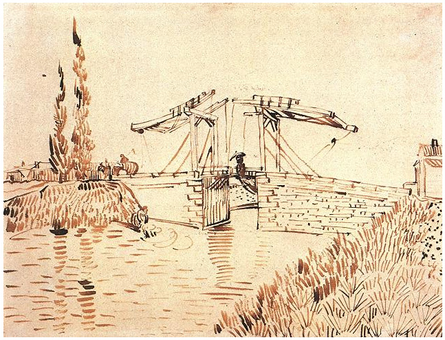 Vincent van Gogh Puente levadizo con dama con sombrilla Drawing Vincent van Gogh's Puente levadizo con dama con sombrilla Drawing